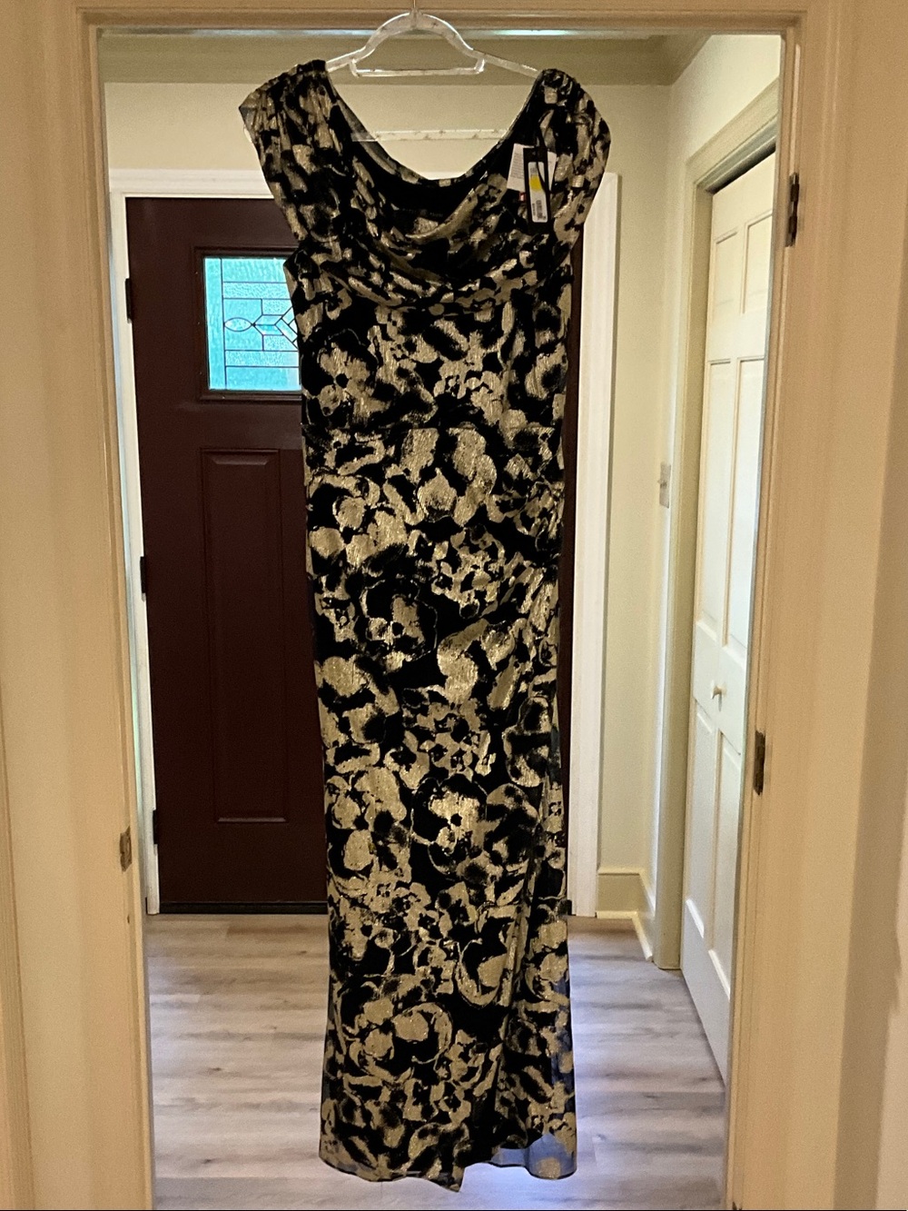 Betsy & Adam Black and Gold Floral Cowl-Neck Maxi Dress